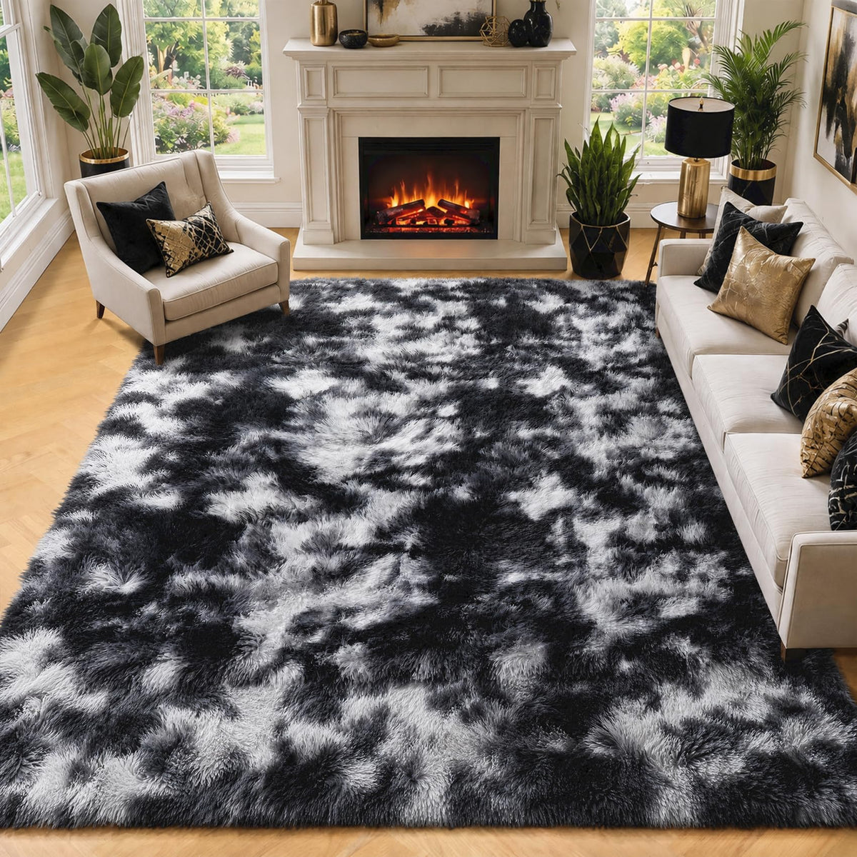 Area Rugs for Living Room Bedroom, 5x8 Fluffy Tie-Dyed Light Grey Shag Rug