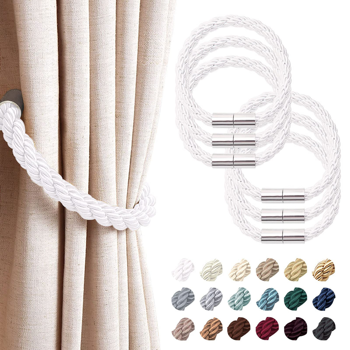 NICEEC 2 Pack Strong Magnetic Curtain Tiebacks Modern Simple Style Drape Tie Backs Convenient Decorative Weave Rope Curtain Holdbacks for Thin or Thick Home & Office Window Draperies (Beige)