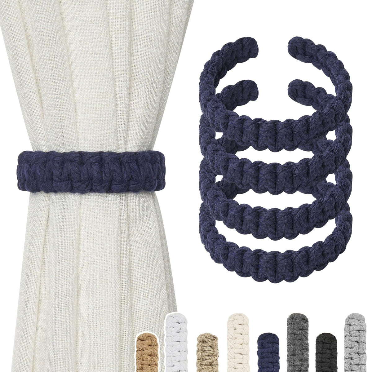 NICEEC 2 Pack Natural Cotton Rope Curtain Tiebacks Farmhouse Rustic Style Decorative Drape Tie Backs Handmade Braided Curtain Holdbacks for Home & Office Sheer/Light Weight Drapery (C-White-S)