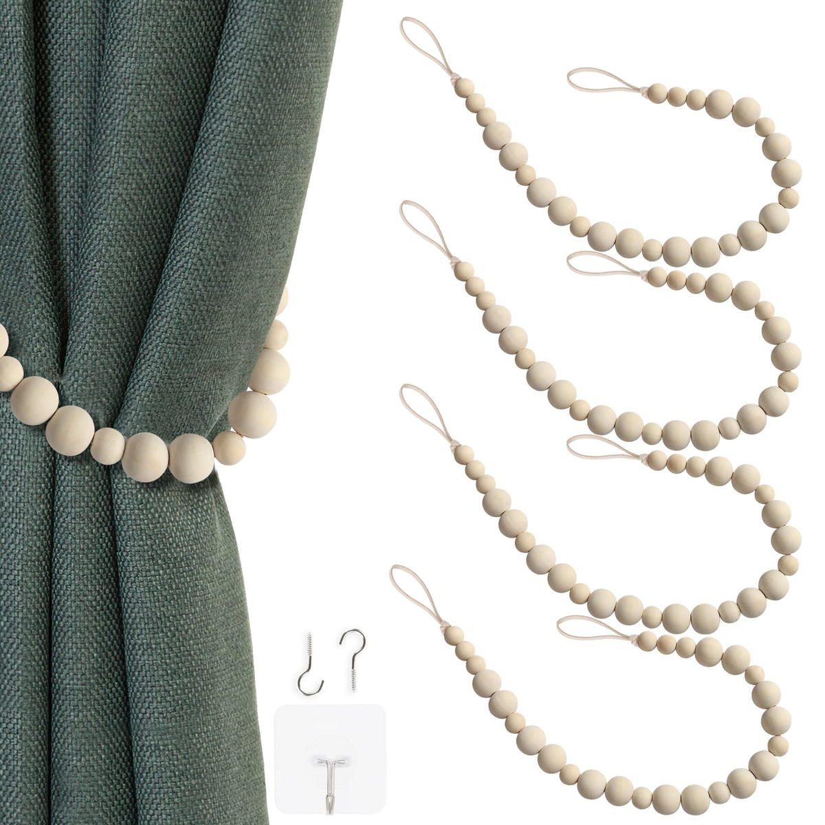 2 Pieces Curtain Tieback Wood Bead Curtain Tiebacks Curtain Holdbacks for Wall Curtain Ties Window Treatment Curtain Tie Backs with Hooks Curtain Pull Backs (Coffee,2) C-1