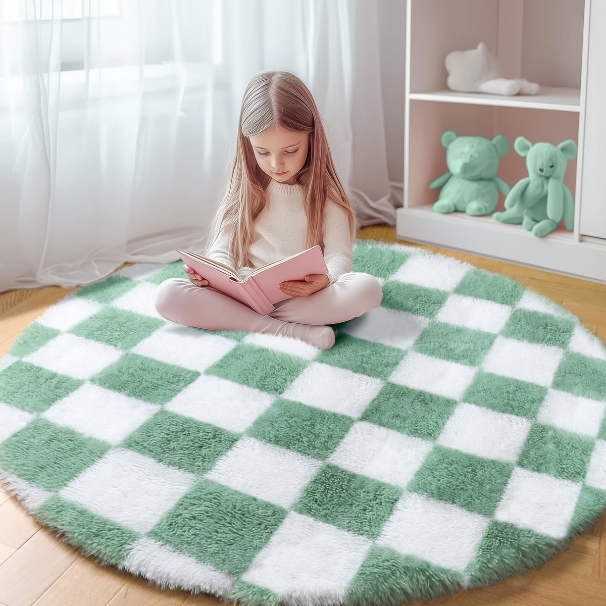 KICMOR Area Rugs 8x10 for Living Room, Large Fluffy Beige and Cream White Checkered Rug Big Fuzzy Shag Shaggy Carpets for Bedroom, Soft Plush Furry Rug for Boy Girls Room Dorm Home Decor Aesthetic