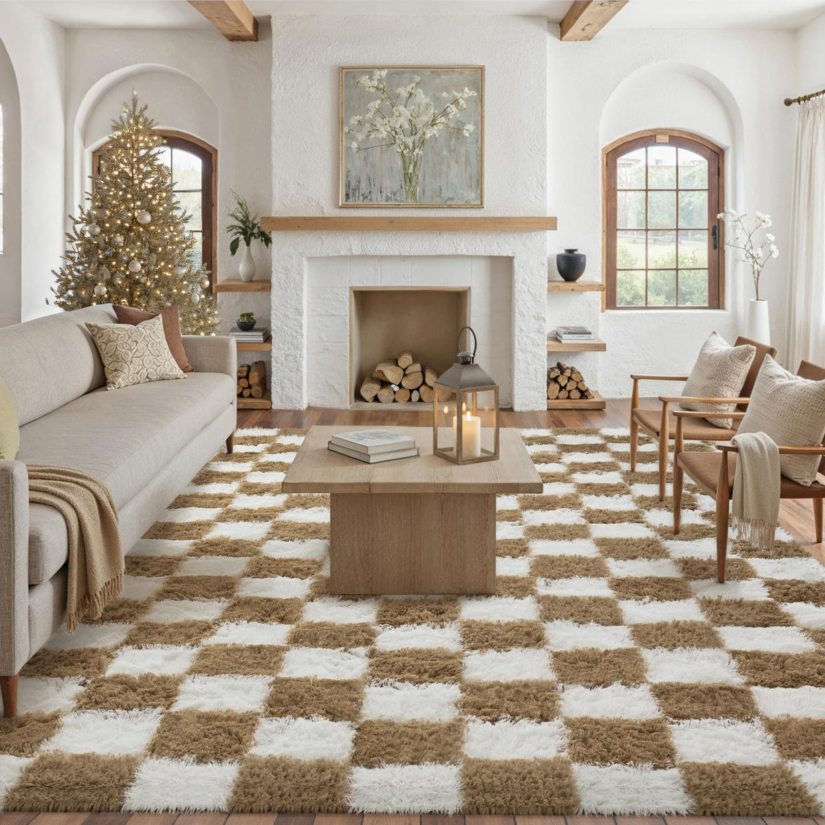 PureCozy Beige 8x10 Area Rug for Living Room Soft Checkered Shag Carpet