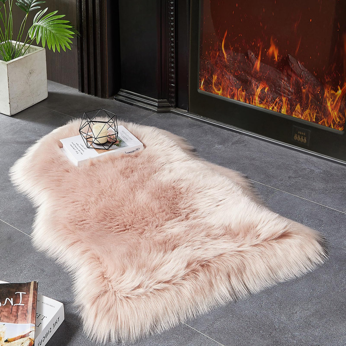 AMTOVO Faux Sheepskin Rug, Beige Ultra Soft Fluffy Shag Area Rug, 2 x 6 ft Faux Fur Rug for Bedroom Sofa Throw Cushion Room Decor, Sheepskin