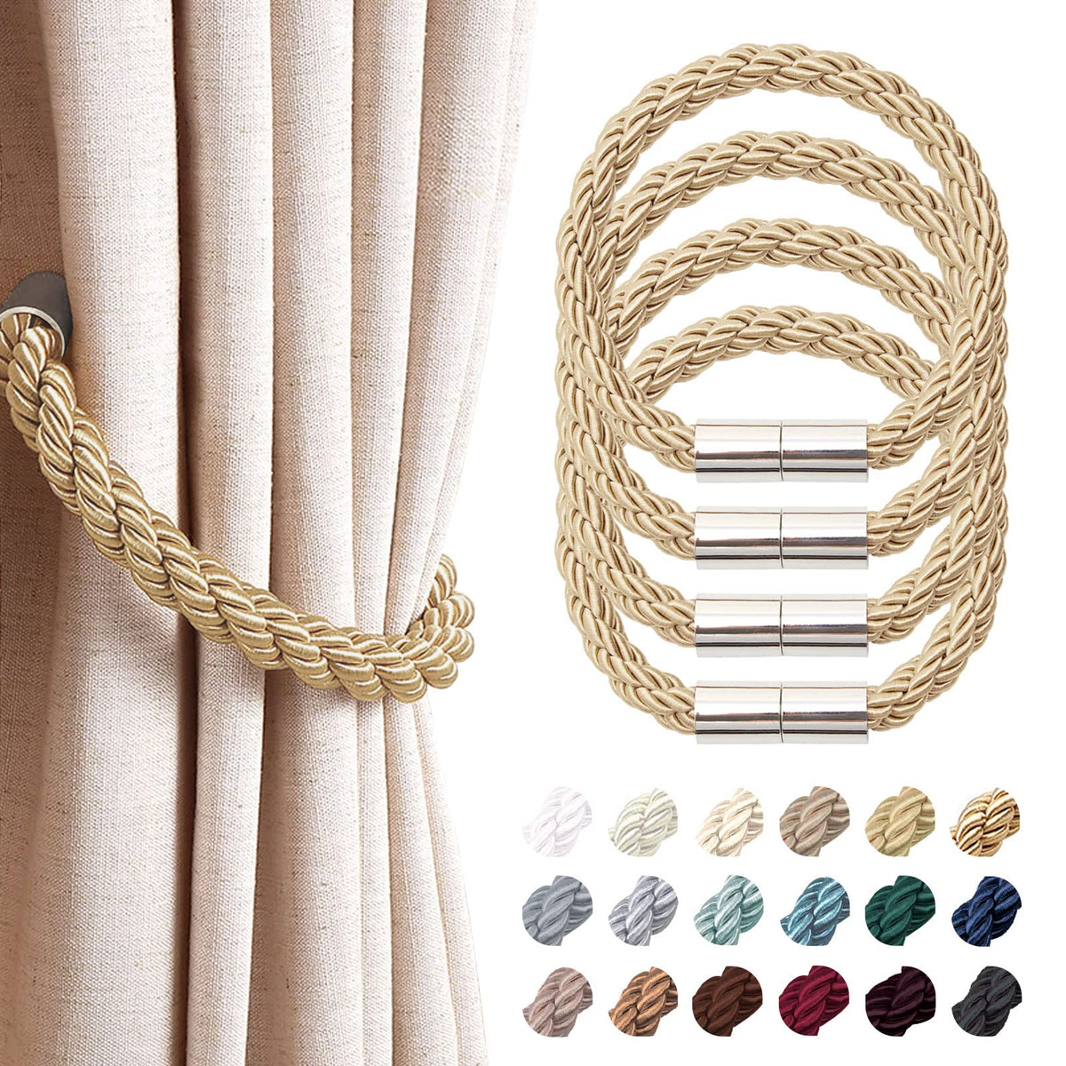 NICEEC 2 Pack Strong Magnetic Curtain Tiebacks Modern Simple Style Drape Tie Backs Convenient Decorative Weave Rope Curtain Holdbacks for Thin or Thick Home & Office Window Draperies (Beige)