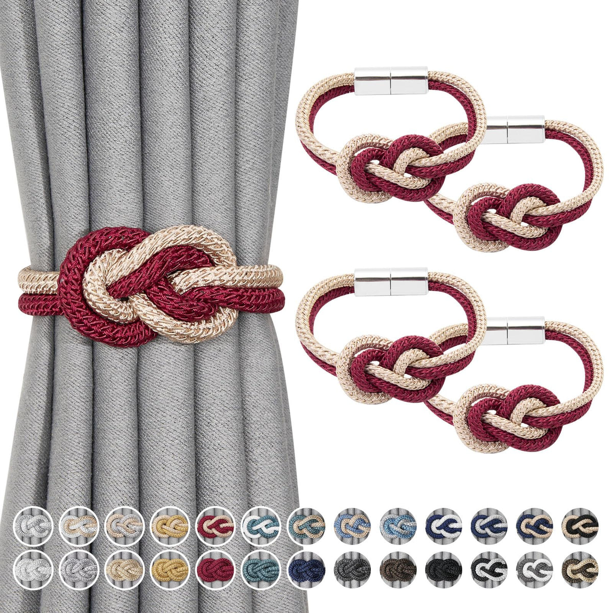 NICEEC 2 Pack Mini Magnetic Curtain Tiebacks Nordic Simple Style Drape Tie Backs Elegant Hand Weave Rope Knot Decorative Curtain Holdbacks for Home & Office Thin Window Drapery (Silver Grey)