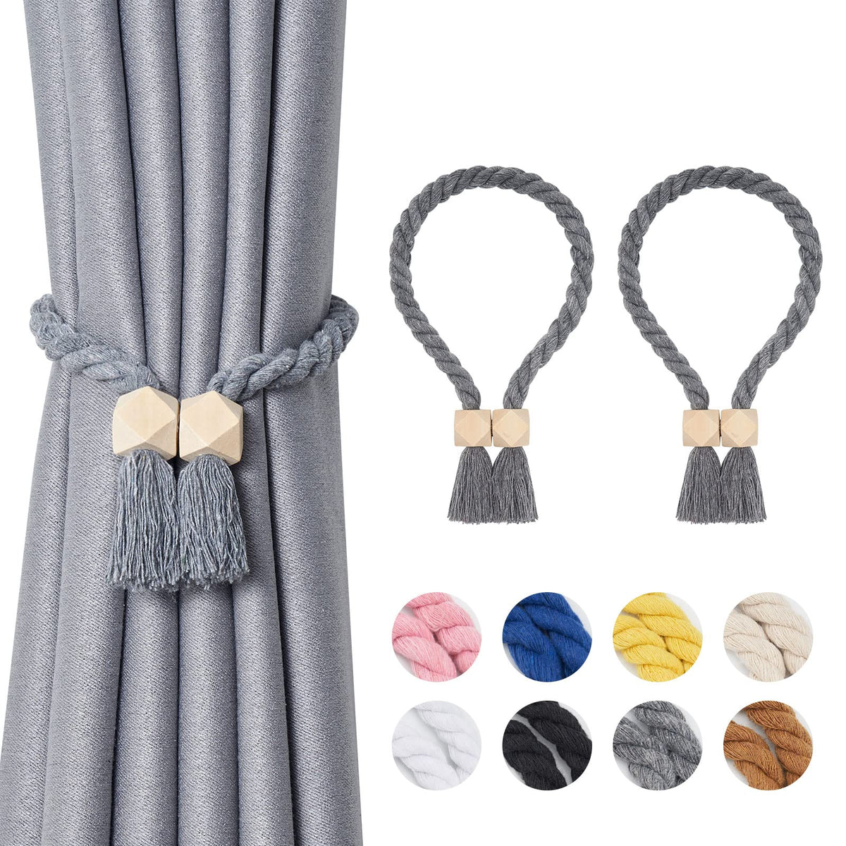 NICEEC 2 Pack Wooden Ball Magnetic Curtain Tiebacks Boho Home Decor Drape Tie Backs Natural Cotton Hand Woven Rope Curtain Holdbacks for Thin & Thick Home & Office Window Draperies (Beige)