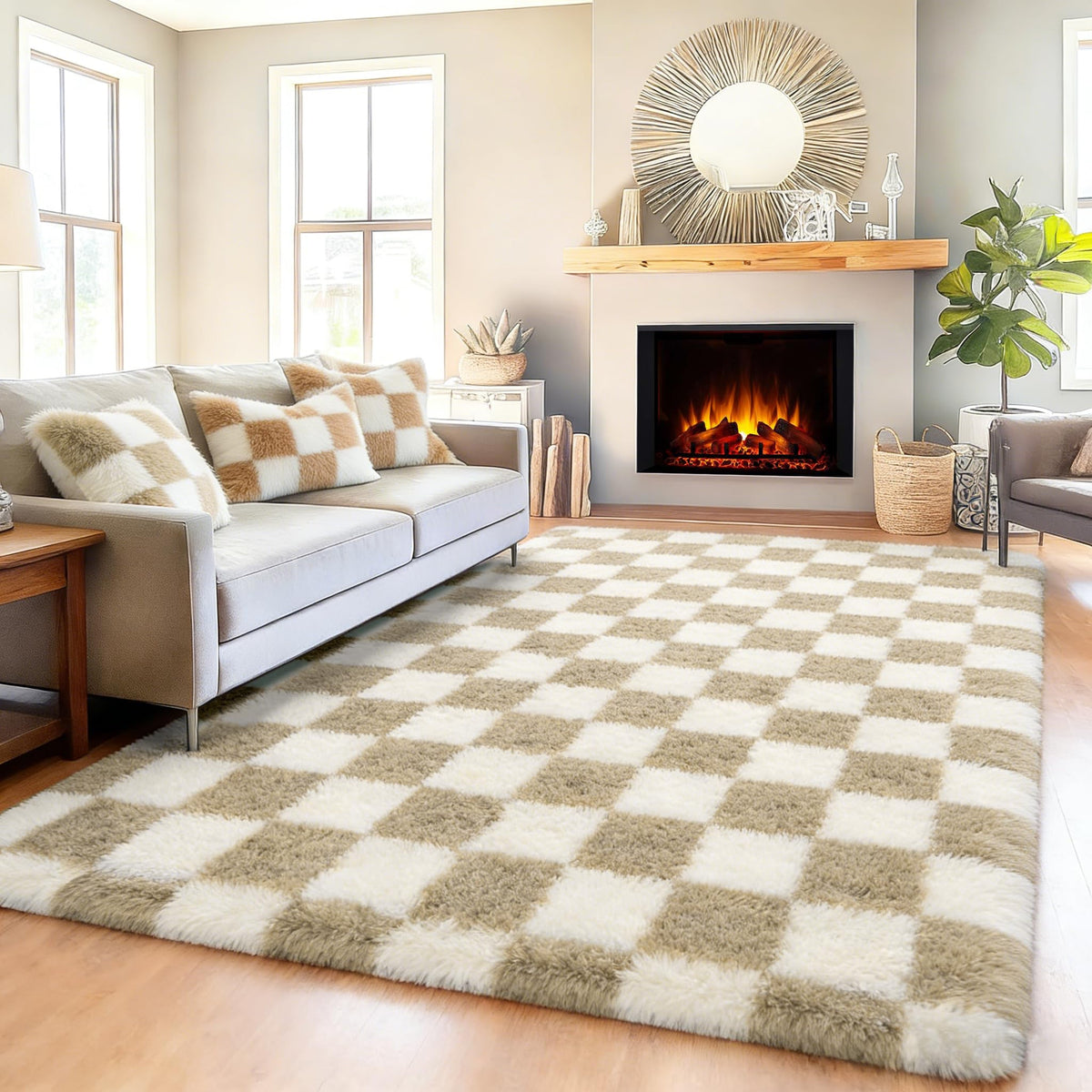 KICMOR Area Rugs 8x10 for Living Room, Large Fluffy Beige and Cream White Checkered Rug Big Fuzzy Shag Shaggy Carpets for Bedroom, Soft Plush Furry Rug for Boy Girls Room Dorm Home Decor Aesthetic