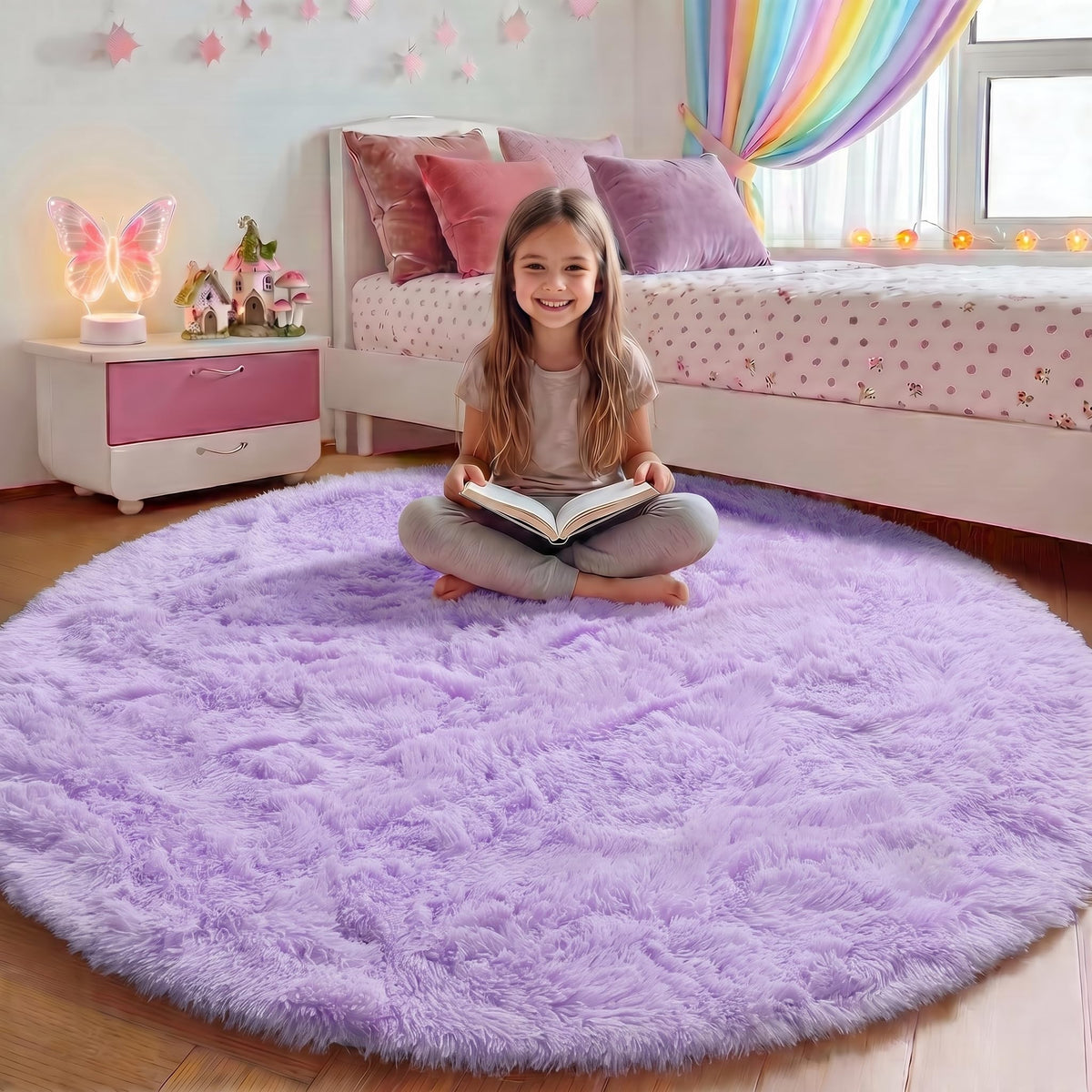 Light Pink Fluffy Round Rug Circle Area Rugs 4ft for Girls Kids Bedroom