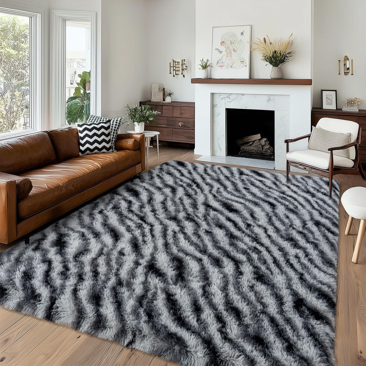 8x10 Abstract Blue Fluffy Rug for Bedroom Living Room Washable Non-Slip