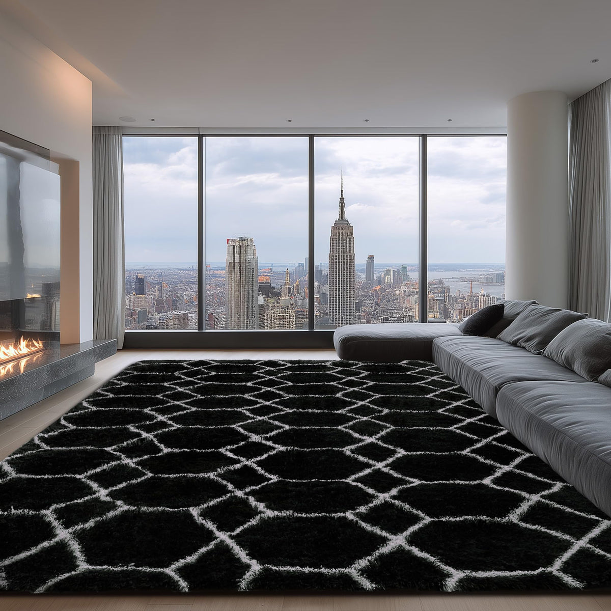 Fluffy Rug for Living Room, Soft Modern 8x10 Grey and Black Shag Area Rugs