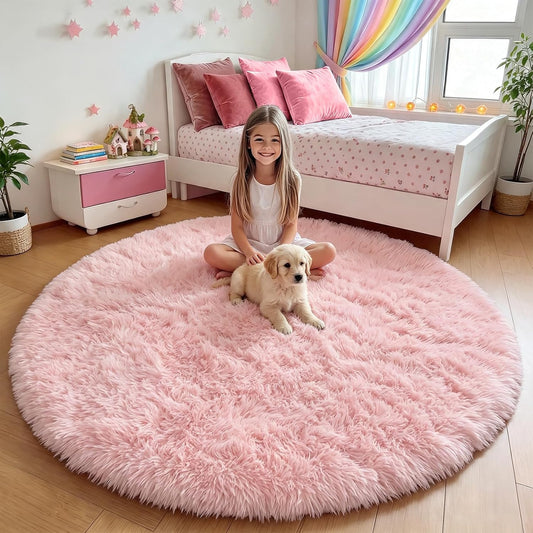 Light Pink Fluffy Round Rug Circle Area Rugs 4ft for Girls Kids Bedroom