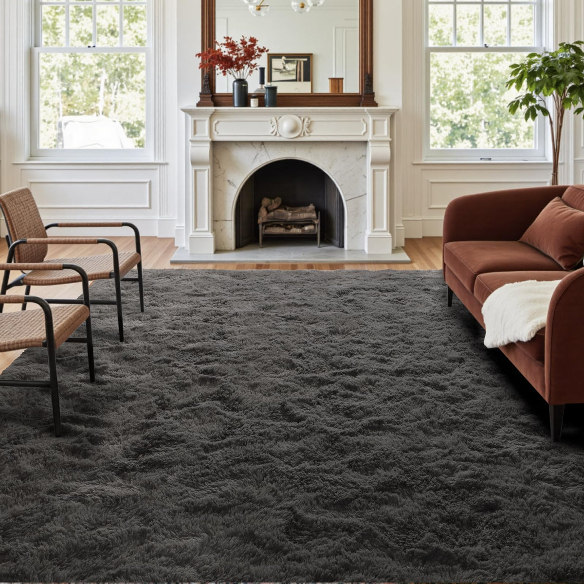 8x10 Ft Extra Large Shag Rugs for Living Room, Tie Dyed Ultra Soft Fluffy Furry Area Rugs for Bedroom Indoor Floor, Aesthetic Carpet for Kids Home Decor (Dark Grey)