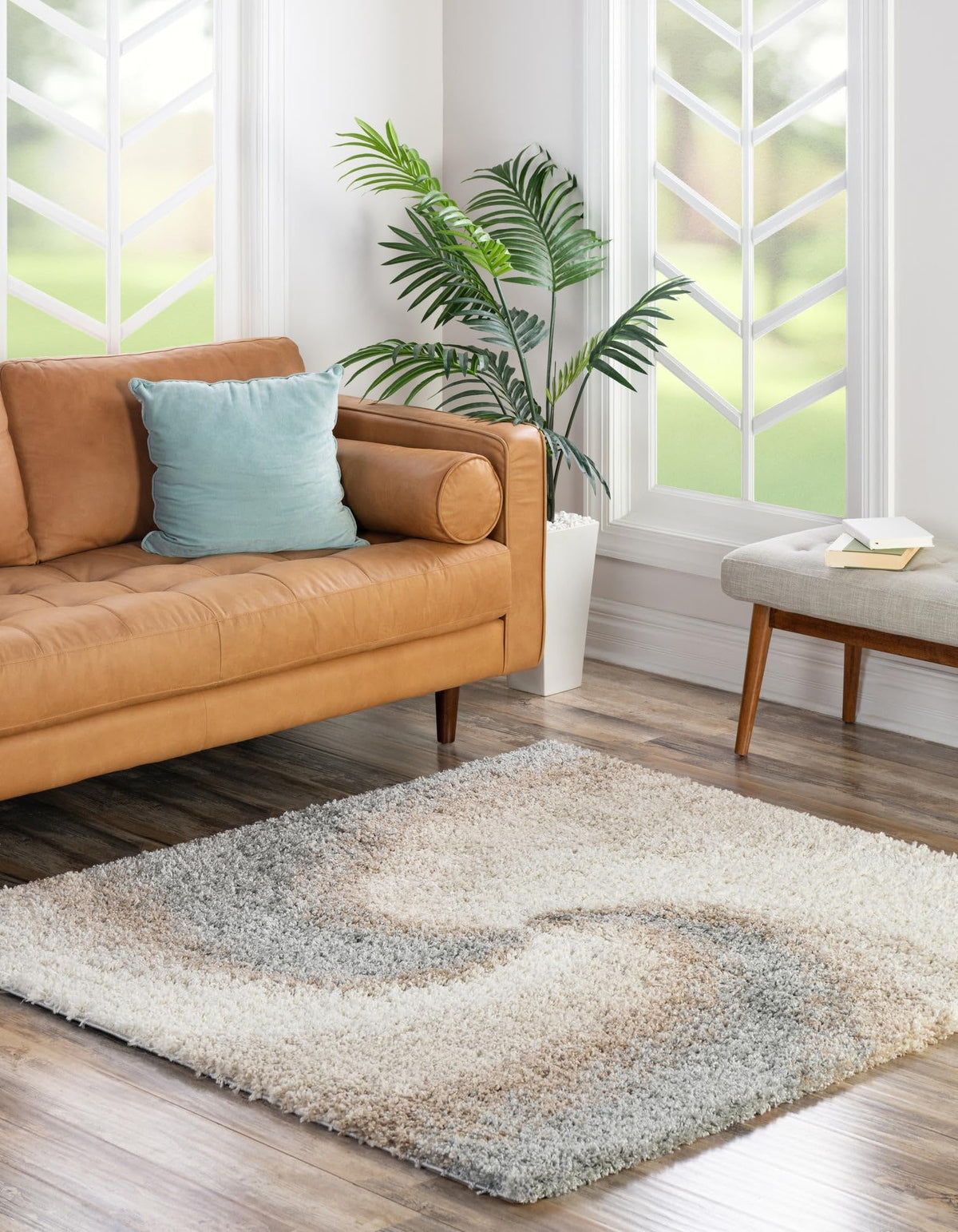 Rugs.com - Soft Touch Shag Rug – 4' 1 x 6' 1 Khaki Shag Rug – Plush Abstract Design for Bedrooms, Living Rooms, and Home Offices
