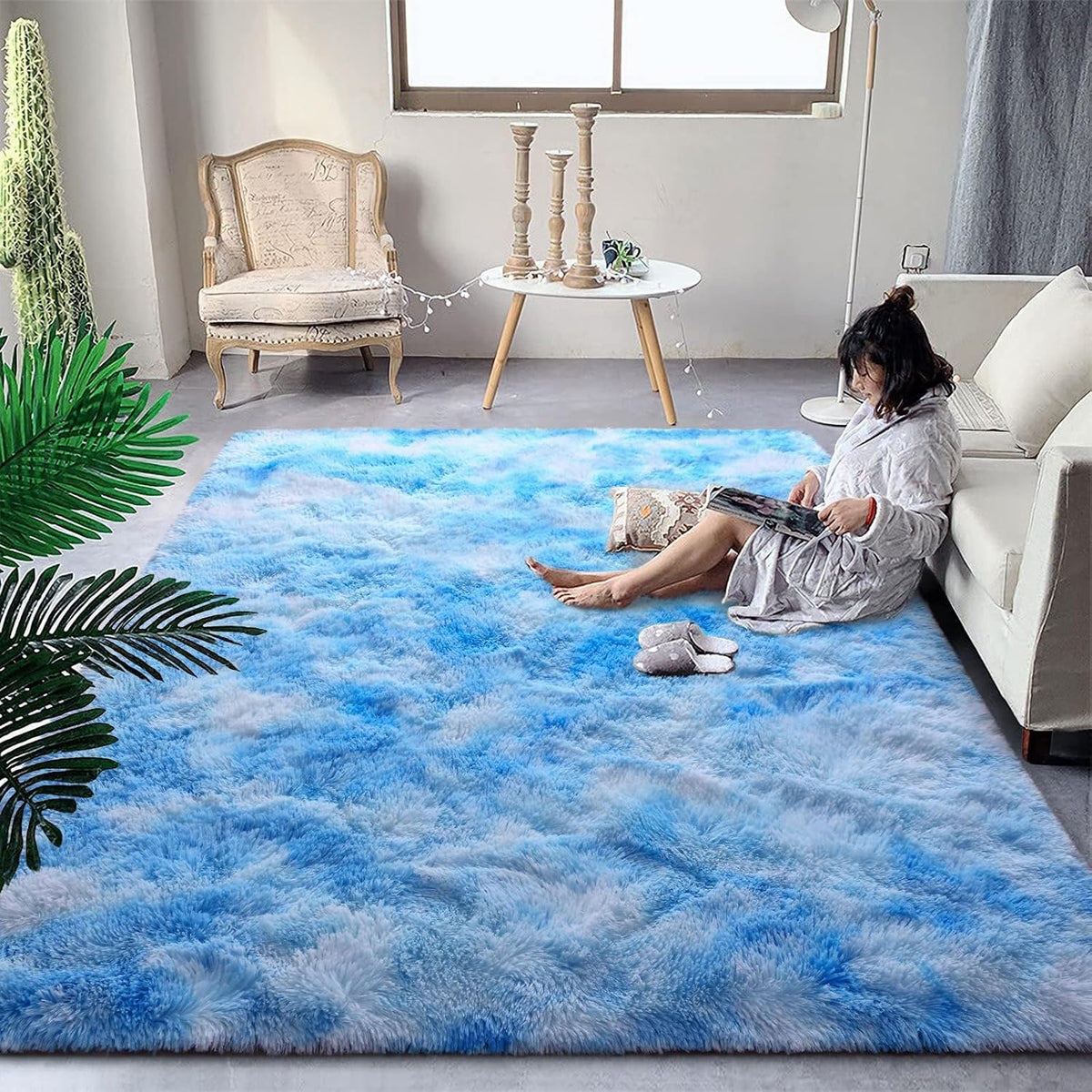 DweIke Fluffy Blue Shag Rugs for Bedroom Living Room, 4x6 Feet Soft Plush Tie-Dyed Light SkyBlue Girls Boys Kids Rug, Upgraded Non-Slip and Machine Washable Carpet for Dorm Nursery Classroom Decor