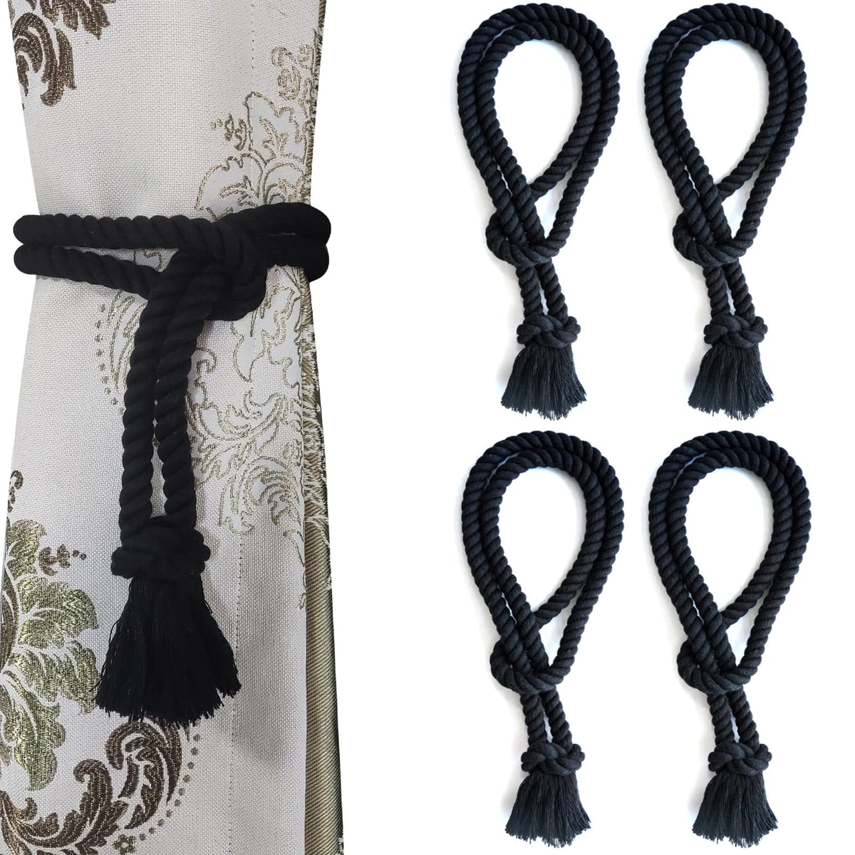 6 Pack Curtain Ties Rope, Outdoor Curtain Tiebacks for Patio Gazebo Pergola Cabana, Natural Cotton Curtain Holders, Village Rural Rustic Farmhouse Curtain Holdbacks for Drapery, Black