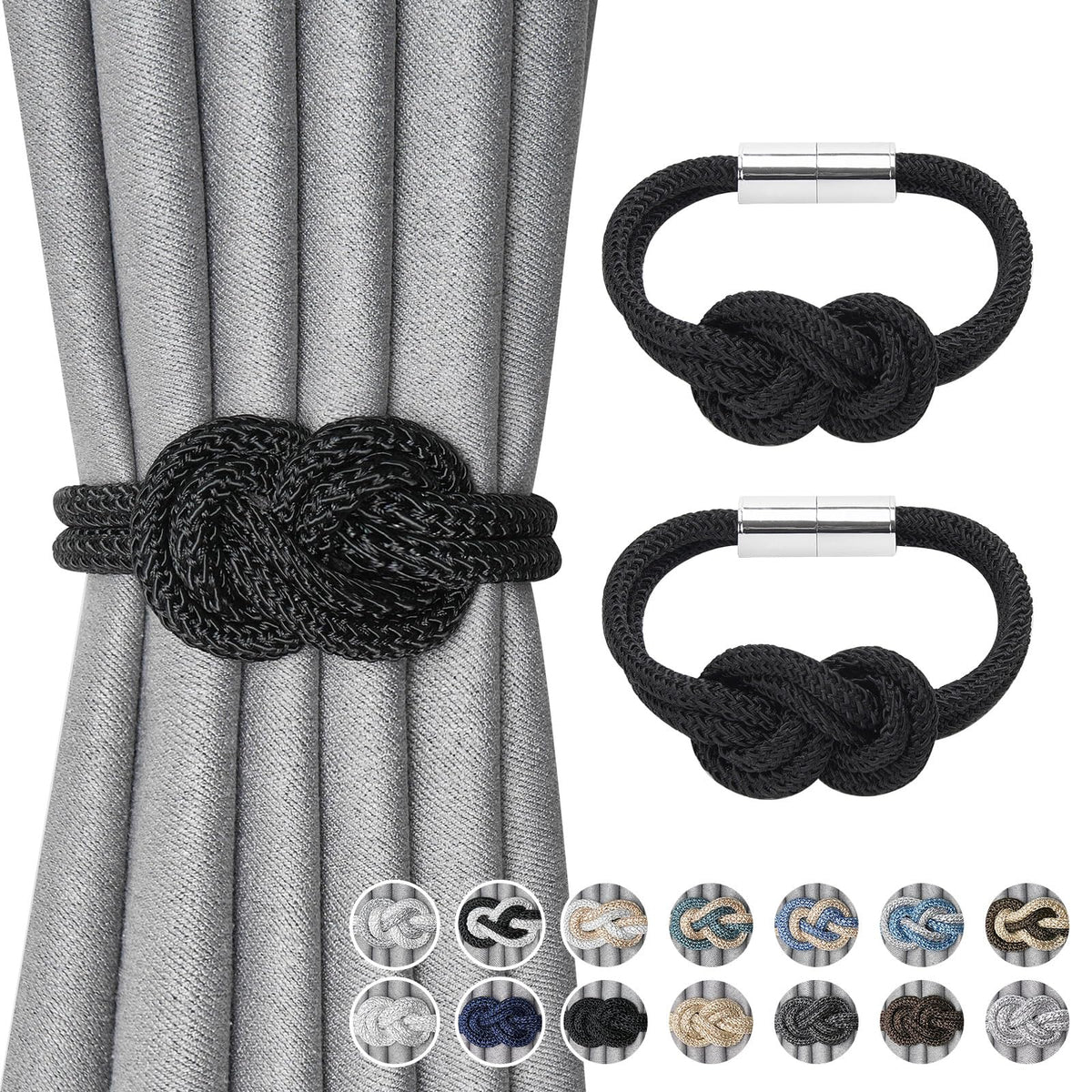 NICEEC 2 Pack Mini Magnetic Curtain Tiebacks Nordic Simple Style Drape Tie Backs Elegant Hand Weave Rope Knot Decorative Curtain Holdbacks for Home & Office Thin Window Drapery (Silver Grey)