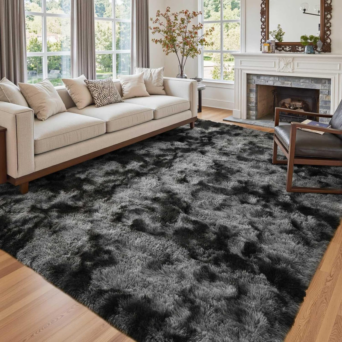 8x10 Ft Extra Large Shag Rugs for Living Room, Tie Dyed Ultra Soft Fluffy Furry Area Rugs for Bedroom Indoor Floor, Aesthetic Carpet for Kids Home Decor (Dark Grey)
