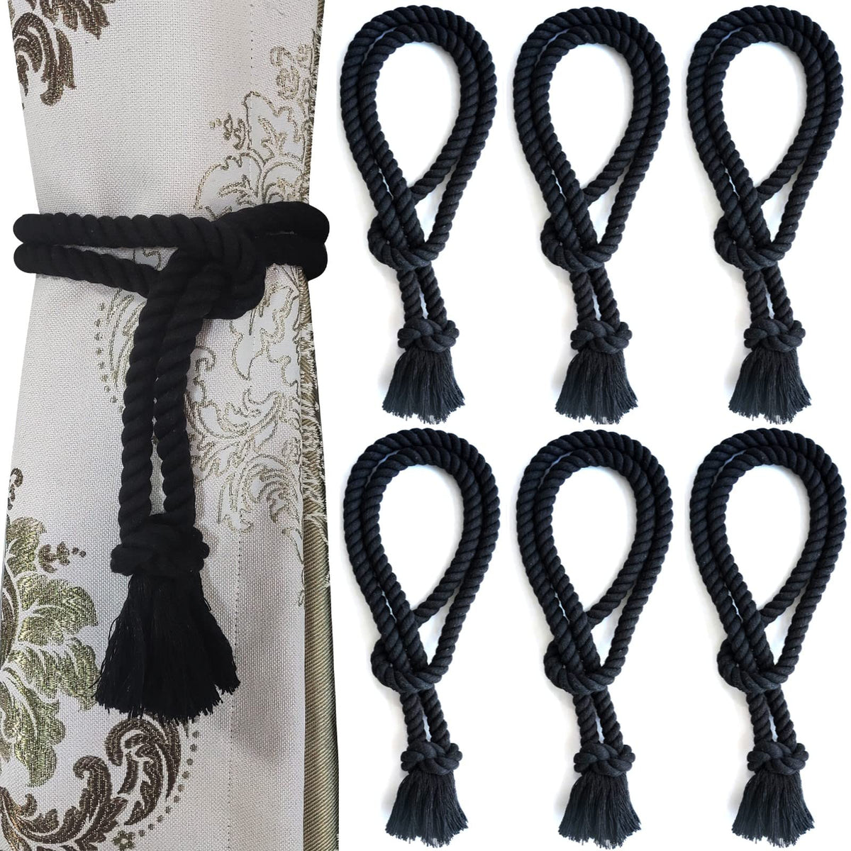 6 Pack Curtain Ties Rope, Outdoor Curtain Tiebacks for Patio Gazebo Pergola Cabana, Natural Cotton Curtain Holders, Village Rural Rustic Farmhouse Curtain Holdbacks for Drapery, Black