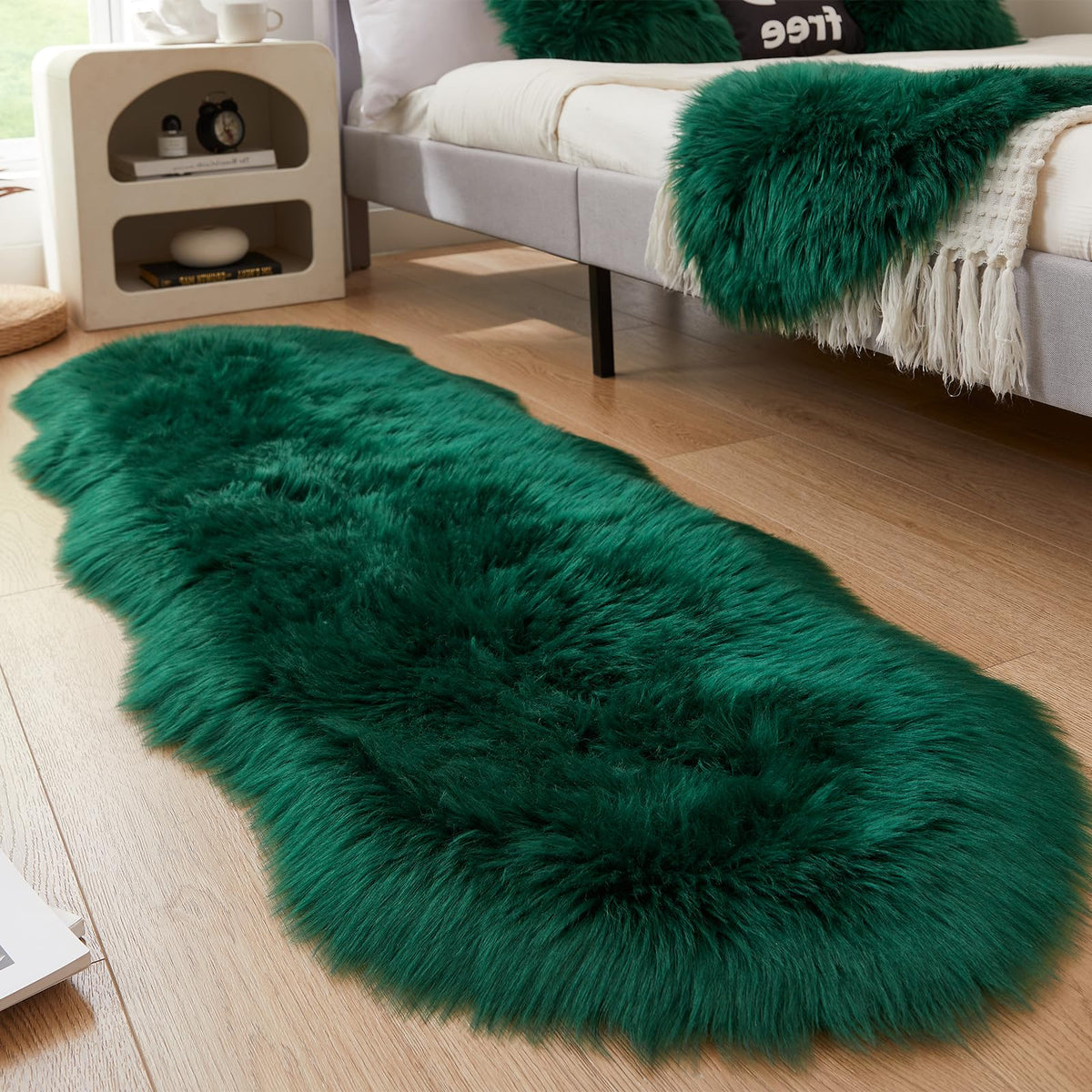 AMTOVO Faux Sheepskin Rug, Beige Ultra Soft Fluffy Shag Area Rug, 2 x 6 ft Faux Fur Rug for Bedroom Sofa Throw Cushion Room Decor, Sheepskin