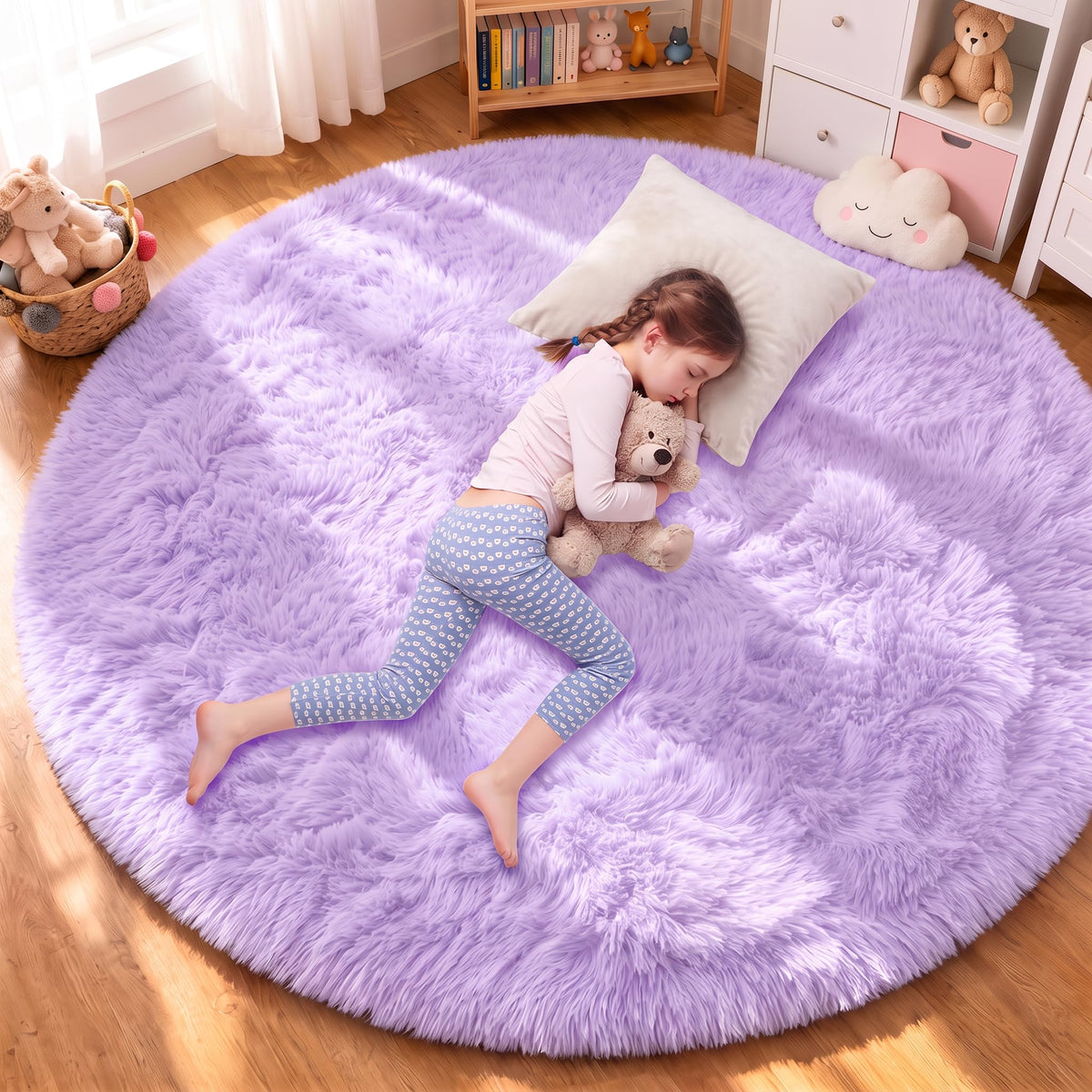 Pink Round Rug for Girls Bedroom 4Ft, Fluffy Shaggy Fuzzy Circle Area Rugs