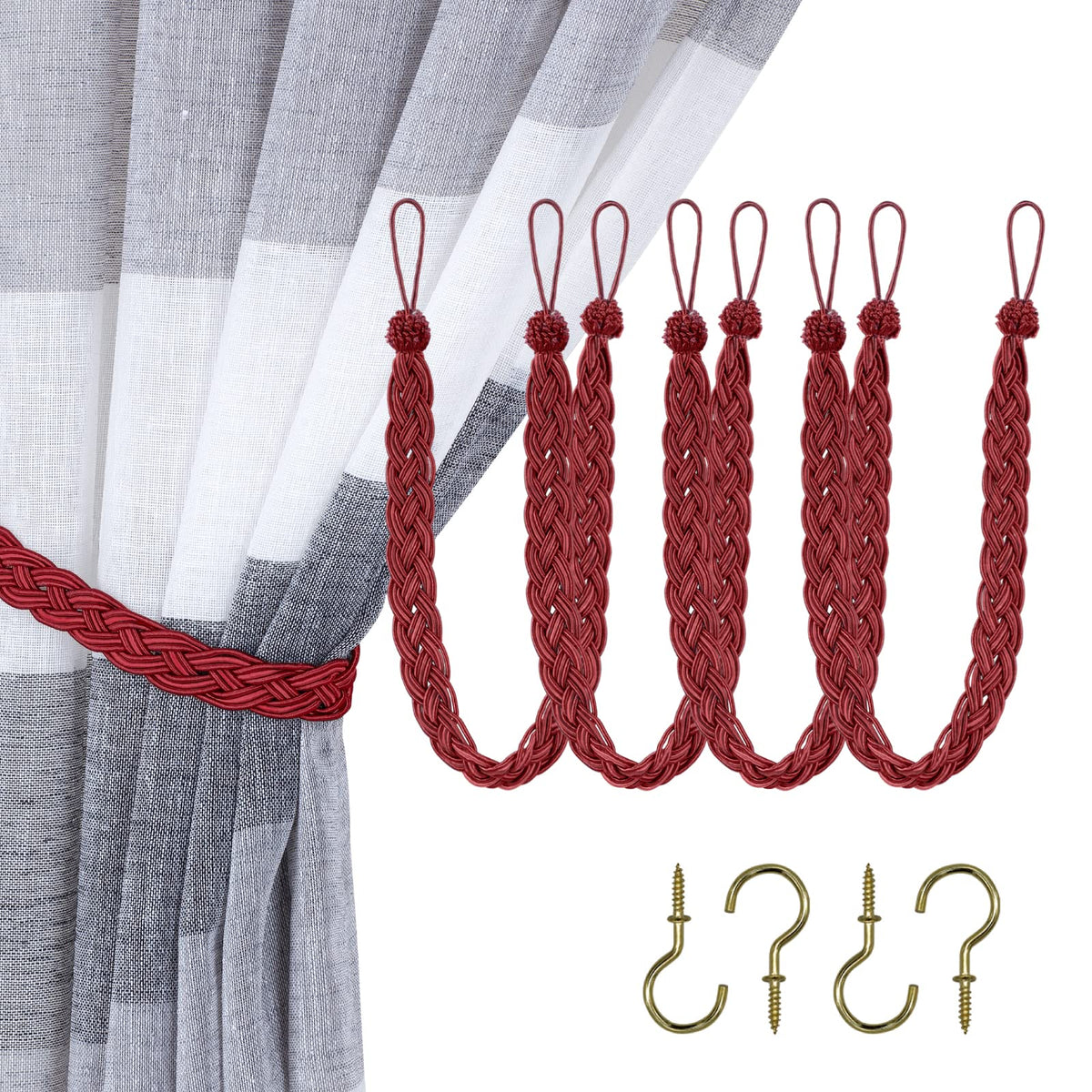 Home Queen Handwoven Rope Curtain Tiebacks for Drapes, 2 Pack Rope Holdbacks with Hooks, 23 Inch Long Polyester and Cotton Braided Tie Backs for Thick and Sheer Curtains,Navy and Silver
