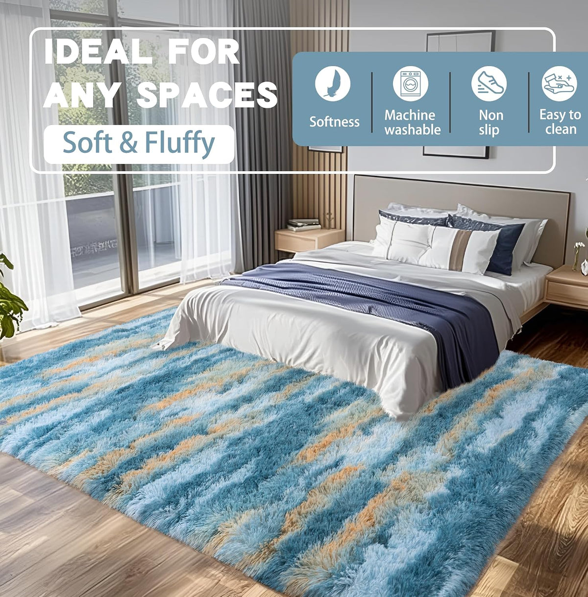 8x10 Abstract Blue Fluffy Rug for Bedroom Living Room Washable Non-Slip