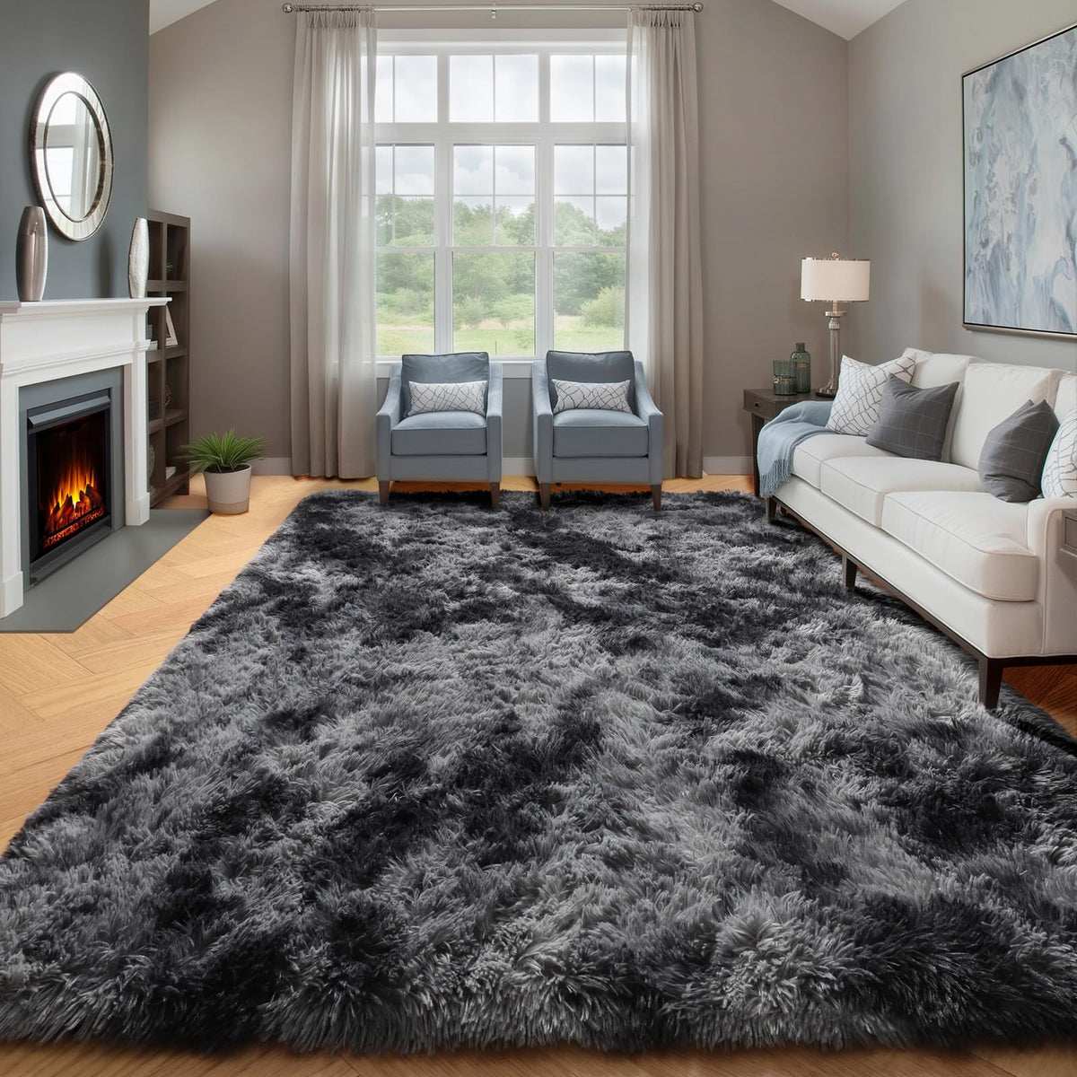 Area Rugs for Living Room Bedroom, 5x8 Fluffy Tie-Dyed Light Grey Shag Rug