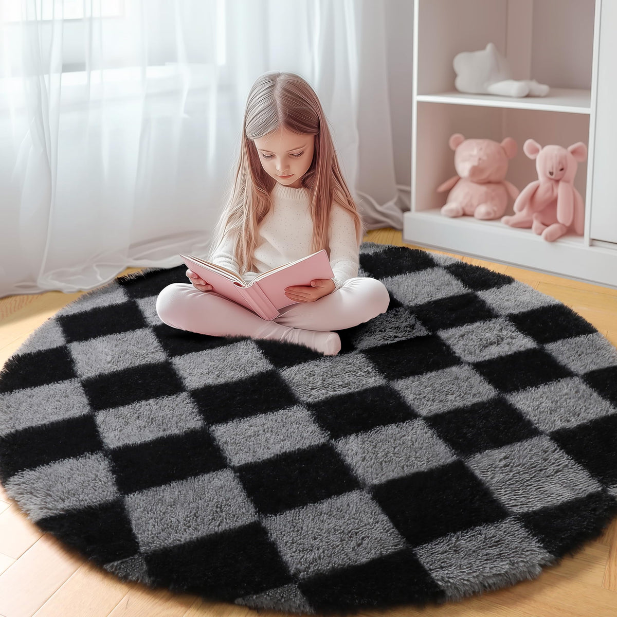 KICMOR Area Rugs 8x10 for Living Room, Large Fluffy Beige and Cream White Checkered Rug Big Fuzzy Shag Shaggy Carpets for Bedroom, Soft Plush Furry Rug for Boy Girls Room Dorm Home Decor Aesthetic