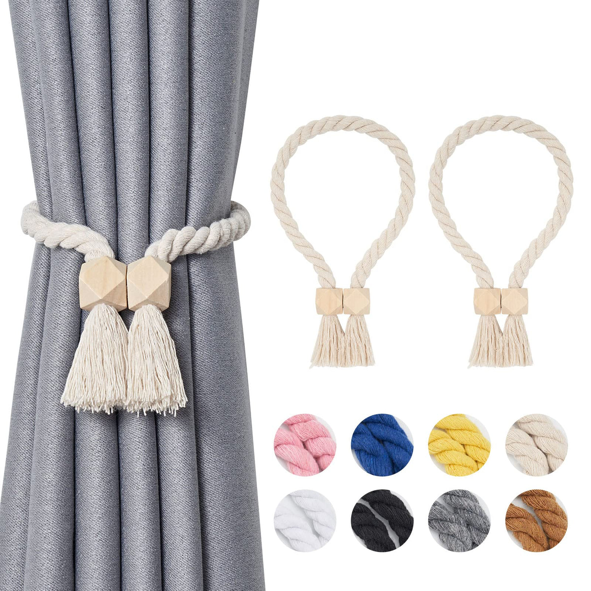 NICEEC 2 Pack Wooden Ball Magnetic Curtain Tiebacks Boho Home Decor Drape Tie Backs Natural Cotton Hand Woven Rope Curtain Holdbacks for Thin & Thick Home & Office Window Draperies (Beige)