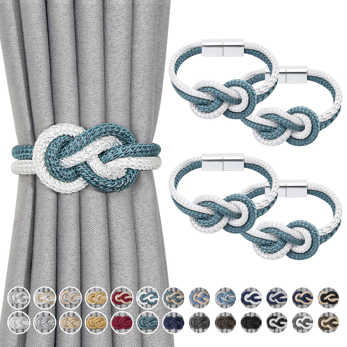 NICEEC 2 Pack Mini Magnetic Curtain Tiebacks Nordic Simple Style Drape Tie Backs Elegant Hand Weave Rope Knot Decorative Curtain Holdbacks for Home & Office Thin Window Drapery (Silver Grey)