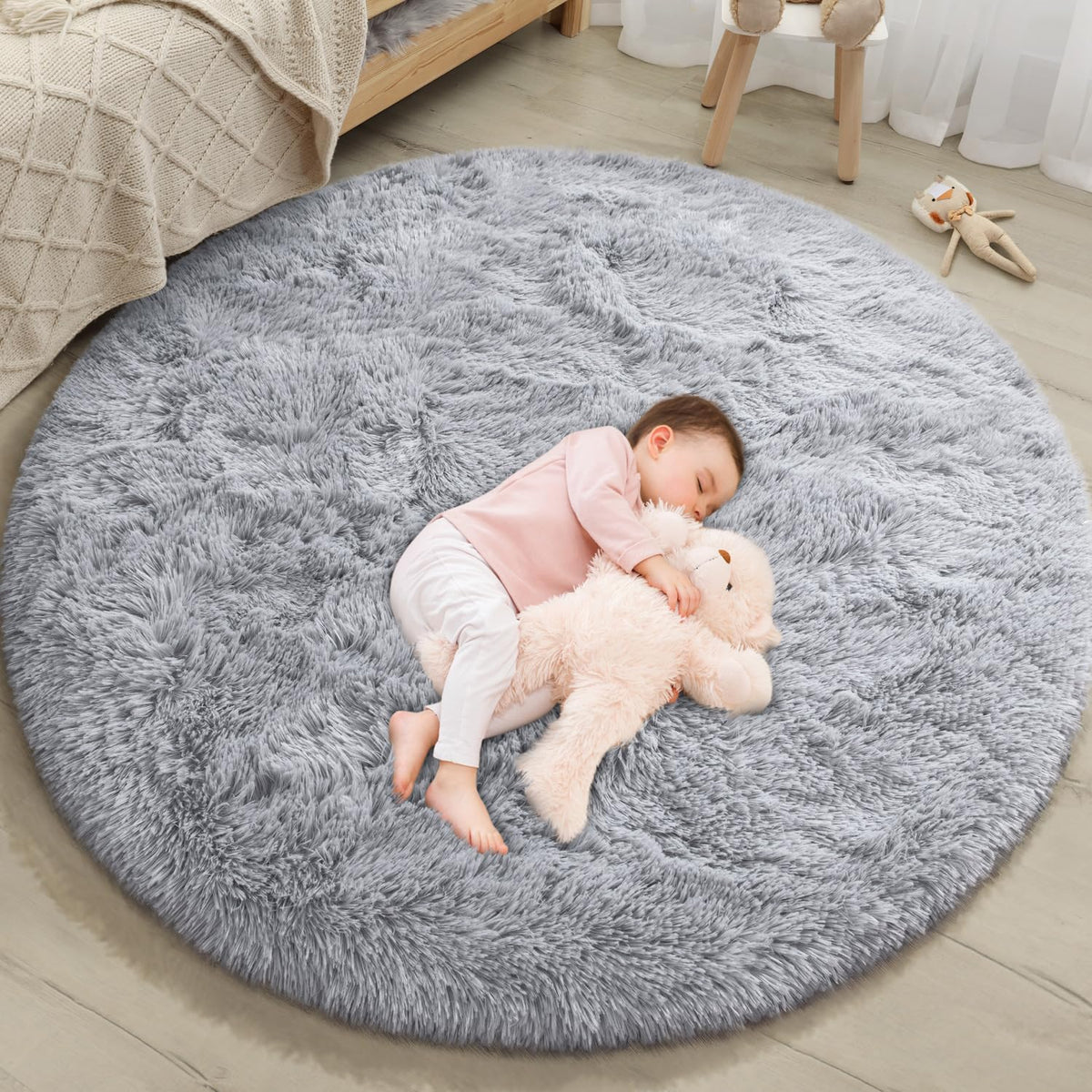 EVOIONOS Pink Round Rug for Bedroom, 4x4 Ft Fluffy Soft Circle Area Rugs for Living Room, Plush Shaggy Circular Carpet for Indoor Floor Bedside Girls Nursery, Machine-Washable Home Decor Aesthetic