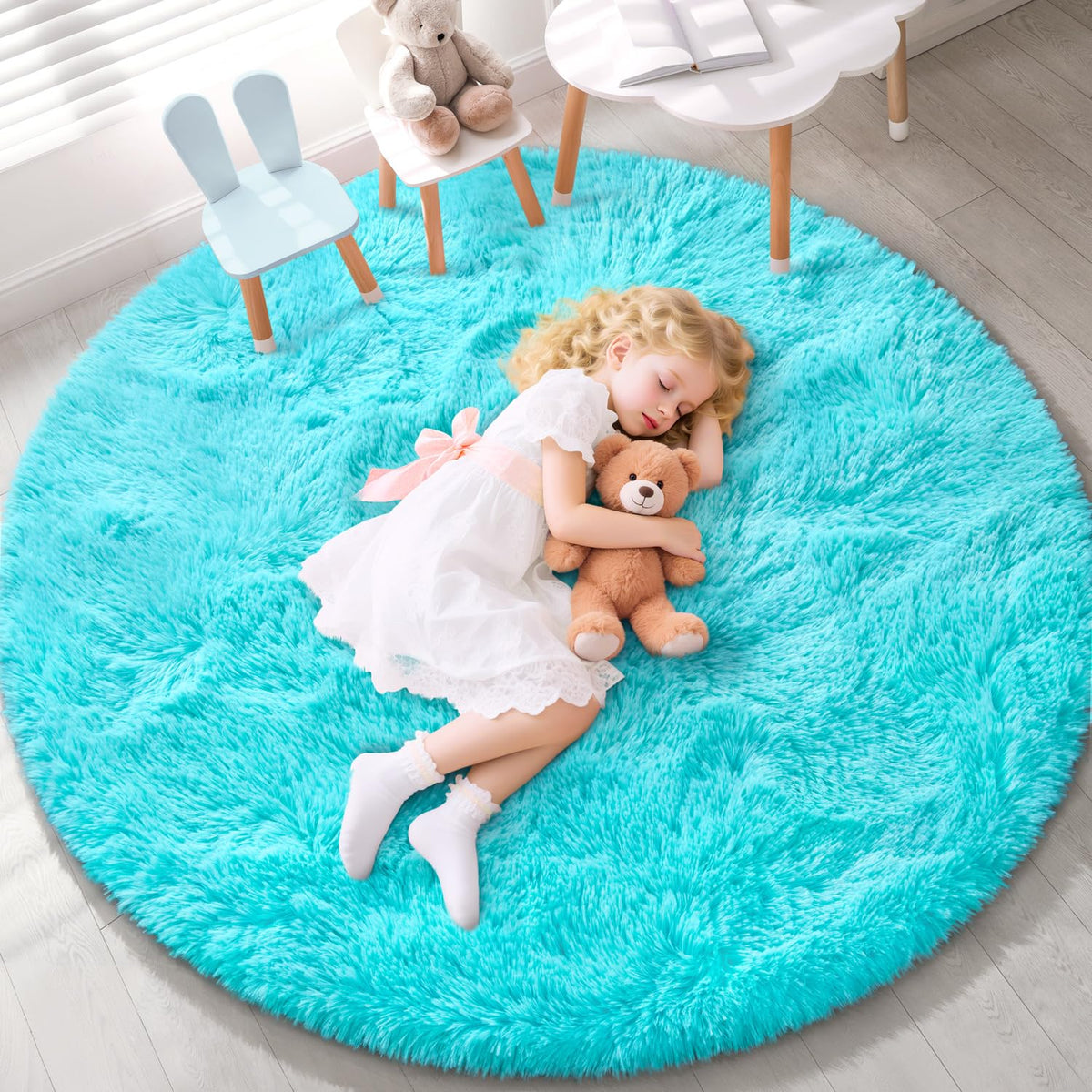EVOIONOS Pink Round Rug for Bedroom, 4x4 Ft Fluffy Soft Circle Area Rugs for Living Room, Plush Shaggy Circular Carpet for Indoor Floor Bedside Girls Nursery, Machine-Washable Home Decor Aesthetic