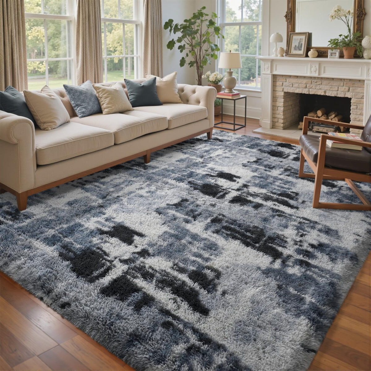 8x10 Ft Extra Large Shag Rugs for Living Room, Tie Dyed Ultra Soft Fluffy Furry Area Rugs for Bedroom Indoor Floor, Aesthetic Carpet for Kids Home Decor (Dark Grey)