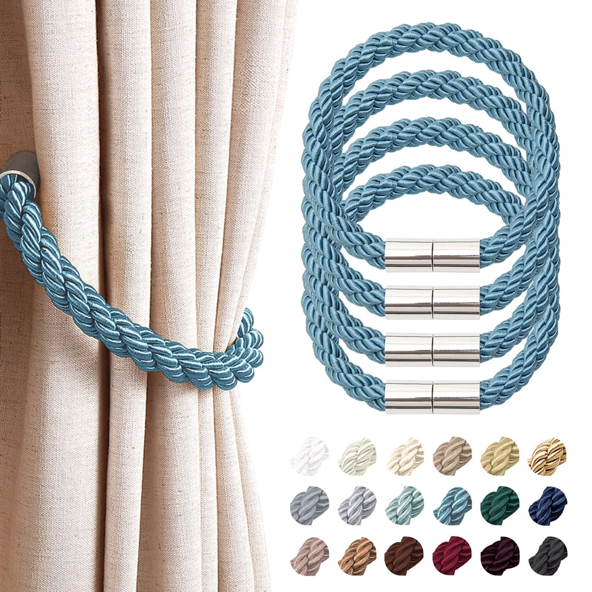 NICEEC 2 Pack Strong Magnetic Curtain Tiebacks Modern Simple Style Drape Tie Backs Convenient Decorative Weave Rope Curtain Holdbacks for Thin or Thick Home & Office Window Draperies (Beige)