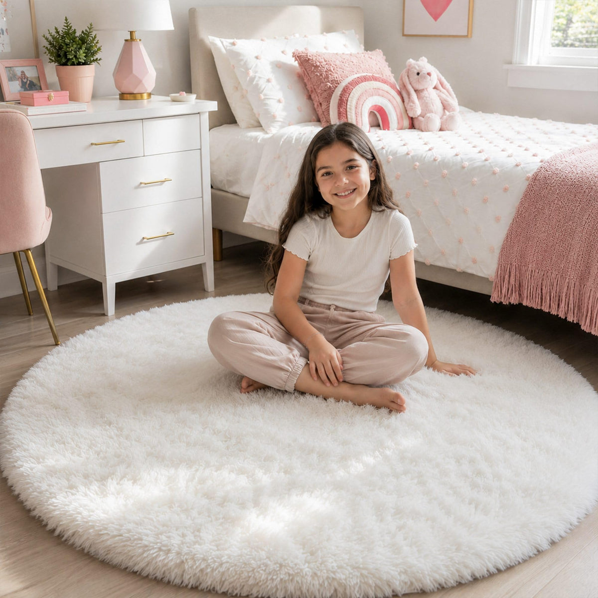 8x10 Ft Cream White Fluffy Area Rug for Living Room, Washable