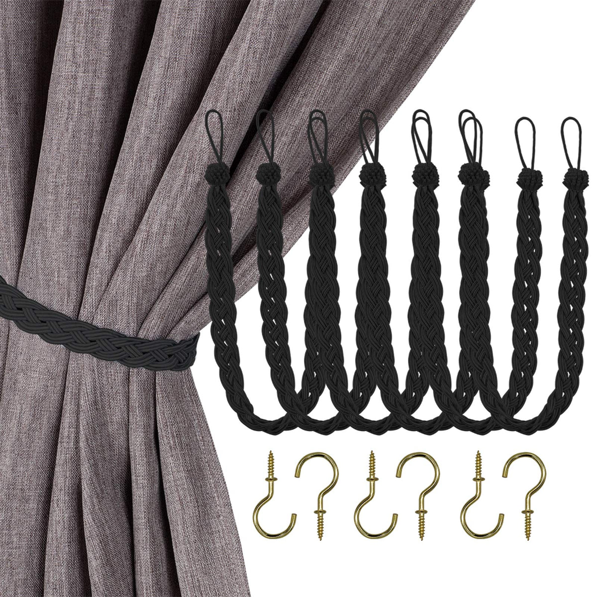 Home Queen Handwoven Rope Curtain Tiebacks for Drapes, 2 Pack Rope Holdbacks with Hooks, 23 Inch Long Polyester and Cotton Braided Tie Backs for Thick and Sheer Curtains,Navy and Silver