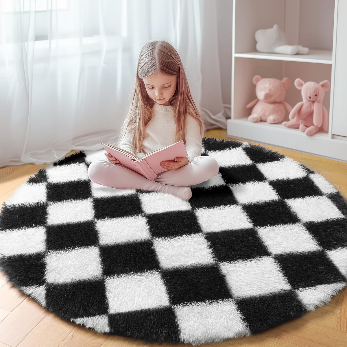 KICMOR Area Rugs 8x10 for Living Room, Large Fluffy Beige and Cream White Checkered Rug Big Fuzzy Shag Shaggy Carpets for Bedroom, Soft Plush Furry Rug for Boy Girls Room Dorm Home Decor Aesthetic