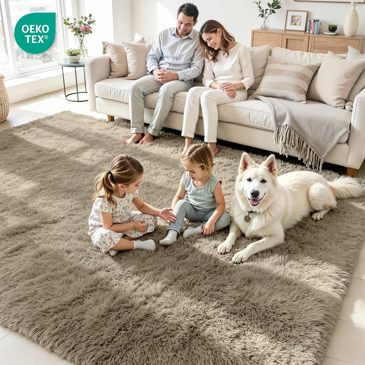 8x10 Fluffy Area Rug for Living Room: Non-Slip Grey Camel Bedroom Carpet