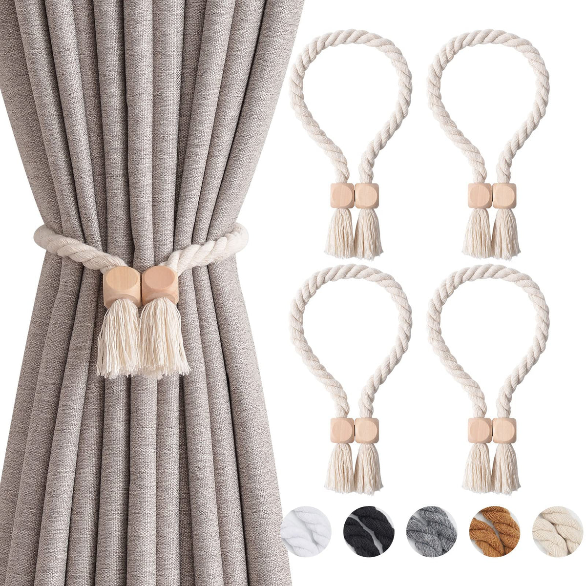 NICEEC 2 Pack Wooden Ball Magnetic Curtain Tiebacks Boho Home Decor Drape Tie Backs Natural Cotton Hand Woven Rope Curtain Holdbacks for Thin & Thick Home & Office Window Draperies (Beige)