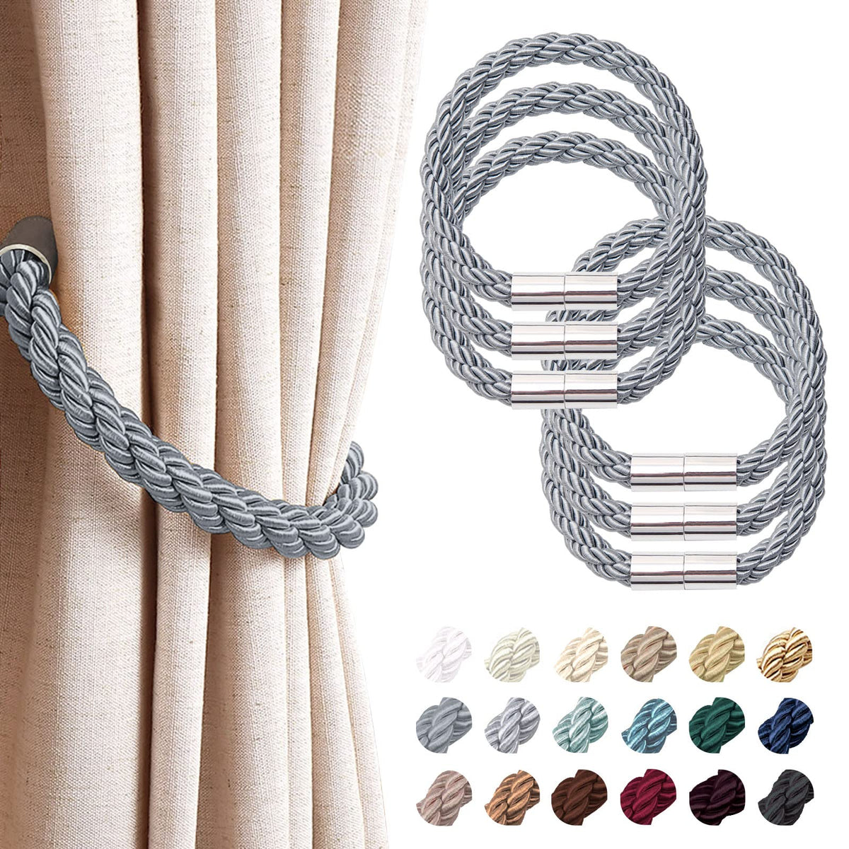 NICEEC 2 Pack Strong Magnetic Curtain Tiebacks Modern Simple Style Drape Tie Backs Convenient Decorative Weave Rope Curtain Holdbacks for Thin or Thick Home & Office Window Draperies (Beige)