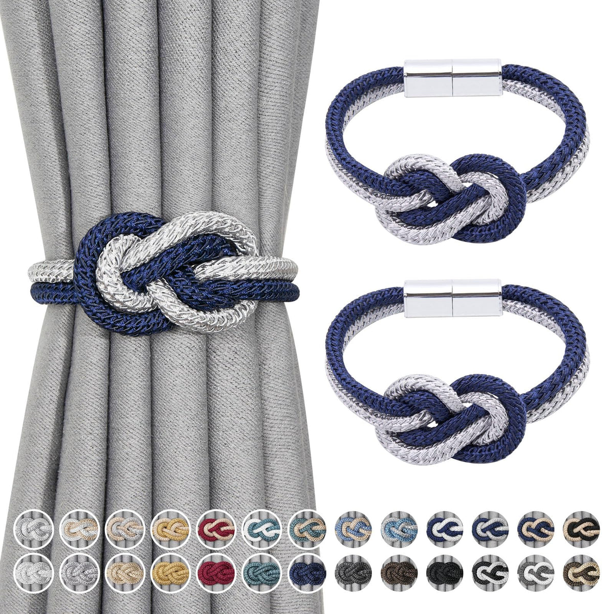 NICEEC 2 Pack Mini Magnetic Curtain Tiebacks Nordic Simple Style Drape Tie Backs Elegant Hand Weave Rope Knot Decorative Curtain Holdbacks for Home & Office Thin Window Drapery (Silver Grey)