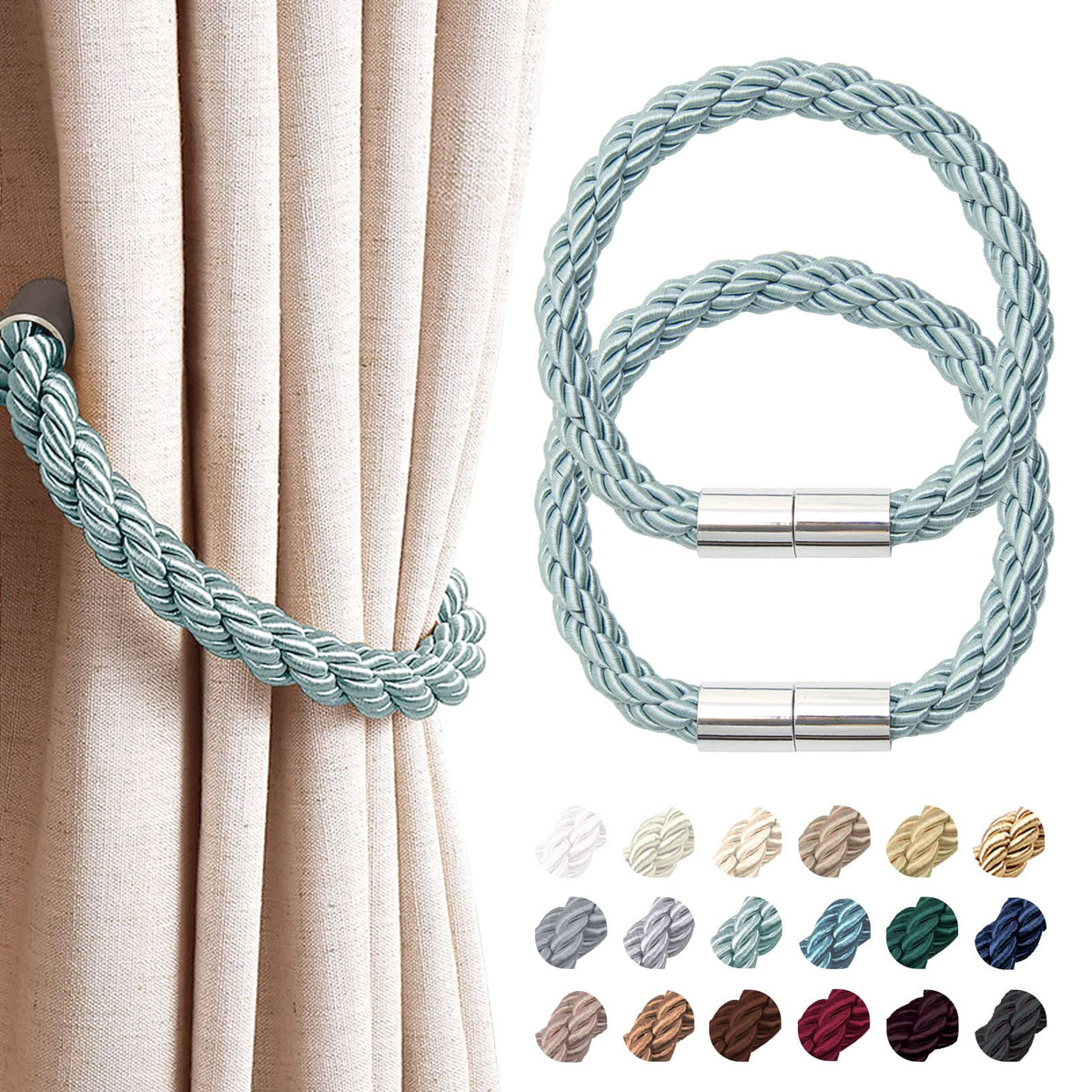 NICEEC 2 Pack Strong Magnetic Curtain Tiebacks Modern Simple Style Drape Tie Backs Convenient Decorative Weave Rope Curtain Holdbacks for Thin or Thick Home & Office Window Draperies (Beige)
