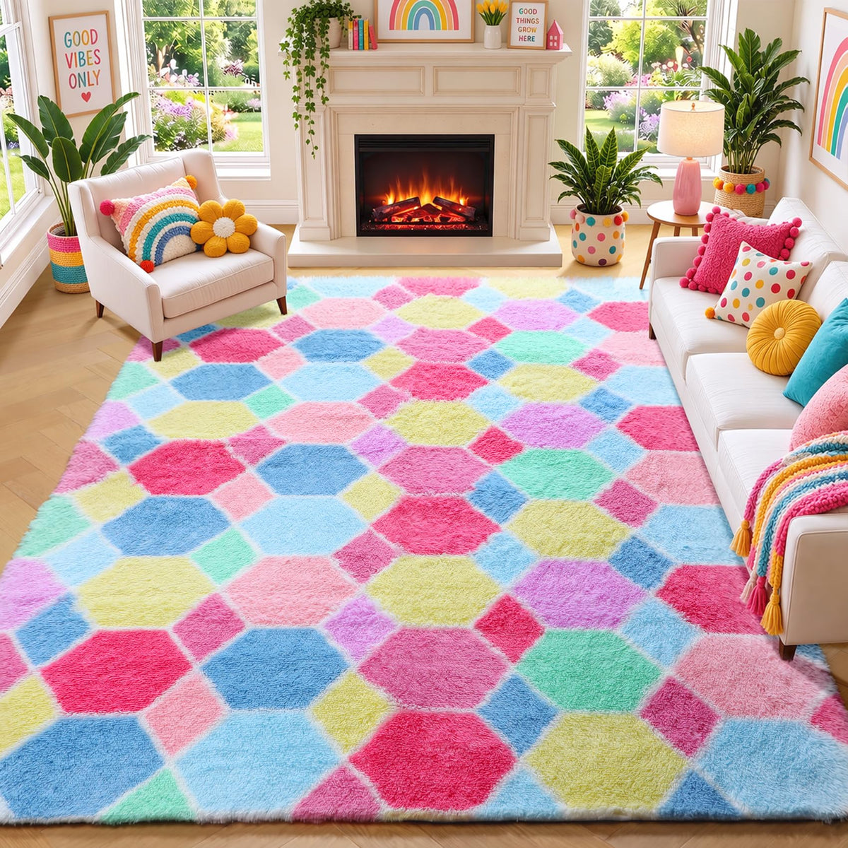 Area Rugs for Living Room Bedroom, 5x8 Fluffy Tie-Dyed Light Grey Shag Rug