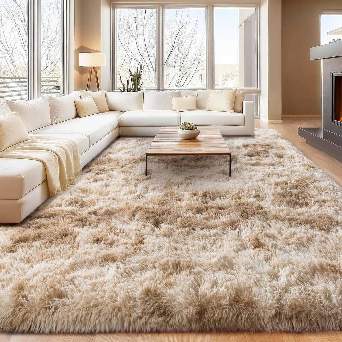 Large Living Room Area Rug 9x12Ft Shaggy Carpet Fuzzy Carpet Tie Dye Camel