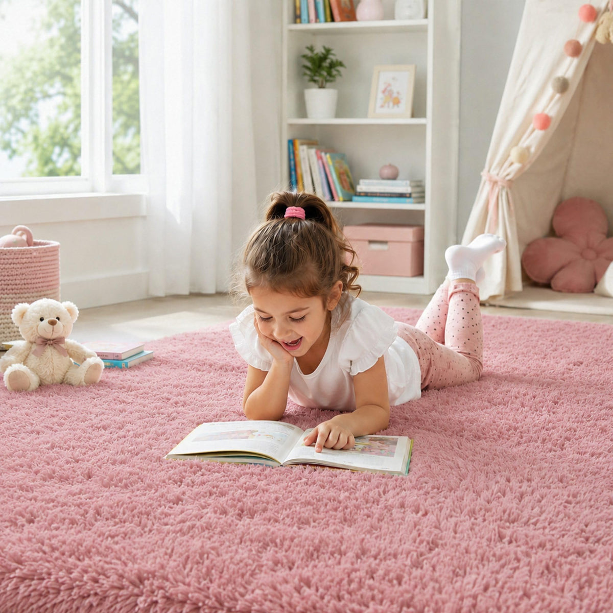 8x10 Ft Cream White Fluffy Area Rug for Living Room, Washable