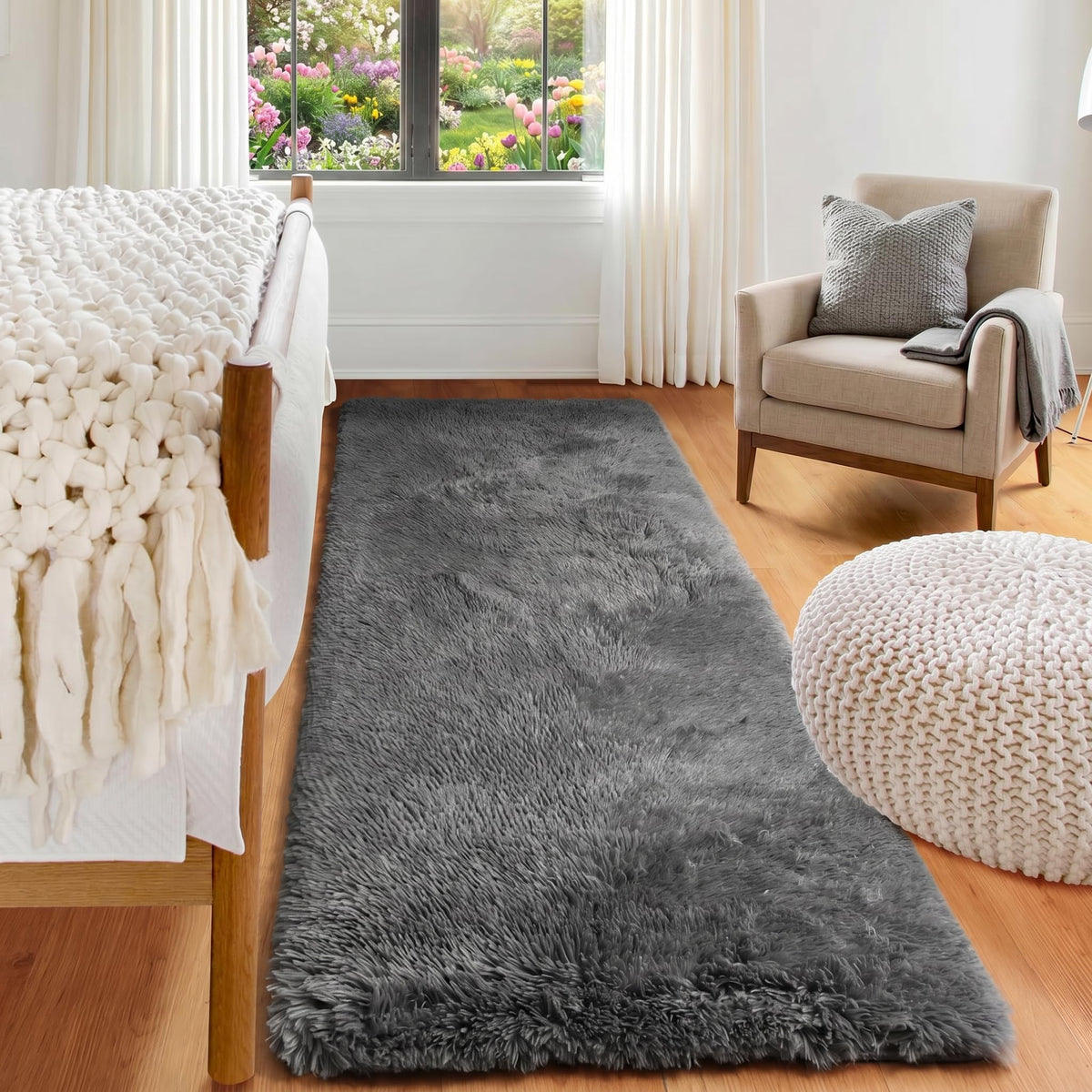 Area Rugs for Living Room Bedroom, 5x8 Fluffy Tie-Dyed Light Grey Shag Rug