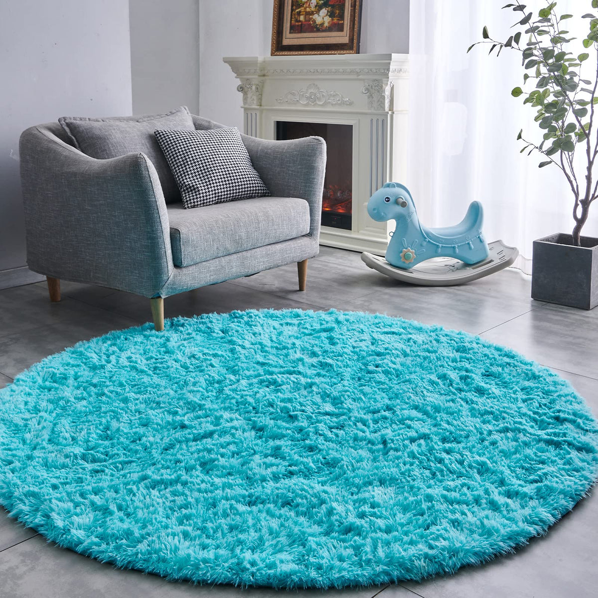 FJZFING Grass Green Round Rug Ultra-Soft Plush Modern 5x5 Circle Area Rug for Kid's Bedroom, Fluffy Shag Circular Rug for Nursery Room, Cute Grass Green Carpet for Teen's Room