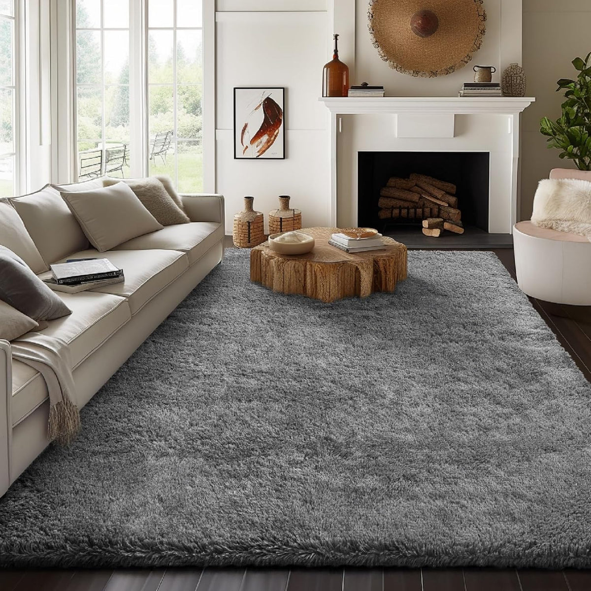 Ophanie 8x10 Area Rugs for Living Room,Upgrade Non-Slip Fluffy Soft Large Shag Bedroom Carpet, Grey Big Indoor Thick Rug,Gray Carpets for Room Dorm Decor with Over 99 pcs Pile fibers