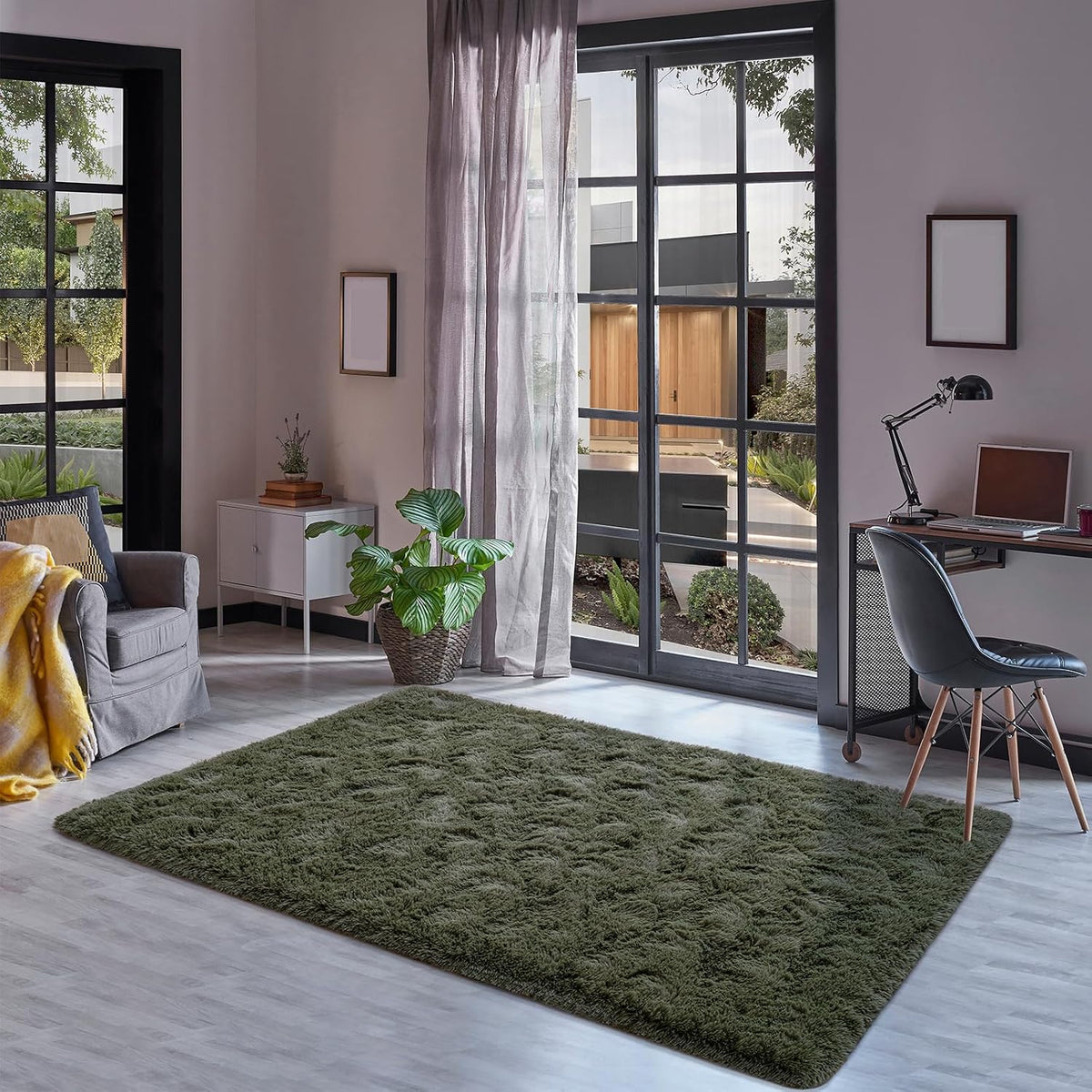 Goideal Fluffy Rug for Bedroom Living Room, 6x9 Olive Green Area Rugs, Faux Fur Shag Modern Carpet Ultra Soft Girls Boys Room Home Decor, Solid