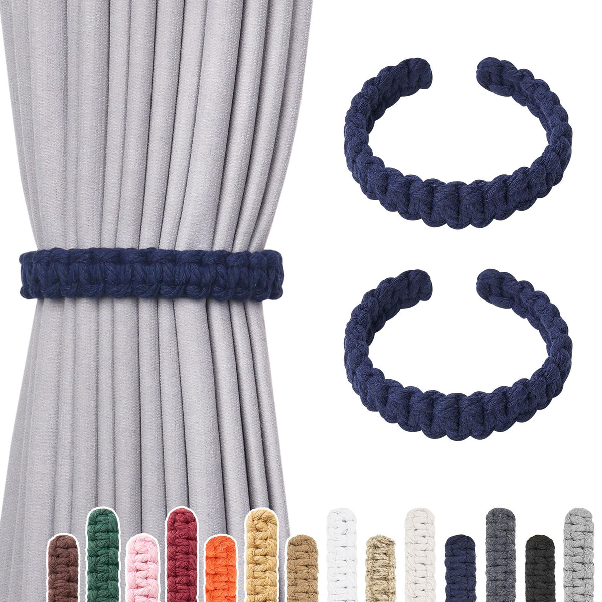 NICEEC 2 Pack Natural Cotton Rope Curtain Tiebacks Farmhouse Rustic Style Decorative Drape Tie Backs Handmade Braided Curtain Holdbacks for Home & Office Sheer/Light Weight Drapery (C-White-S)